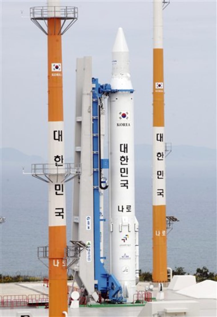 The Korea Space Launch Vehicle-1, South Korea's second space rocket, sits on its launch pad at the Naro Space Center in Goheung, South Korea.